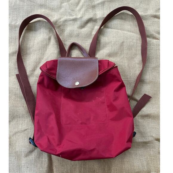 Longchamp Le Pliage Original Backpack Brown Red Nylon Leather Travel Bag Logo - Picture 1 of 15